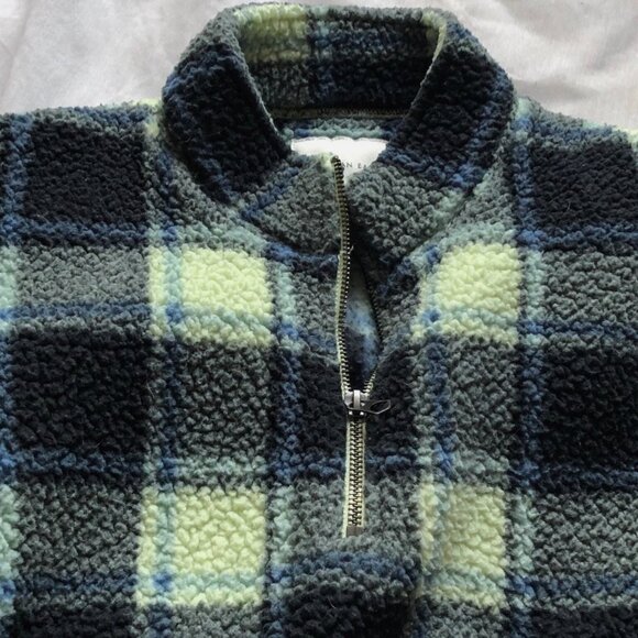🦋 American Eagle Blue Green Plaid Quarter Zip Teddy Sherpa Pullover Jacket 🦋 - Picture 4 of 5